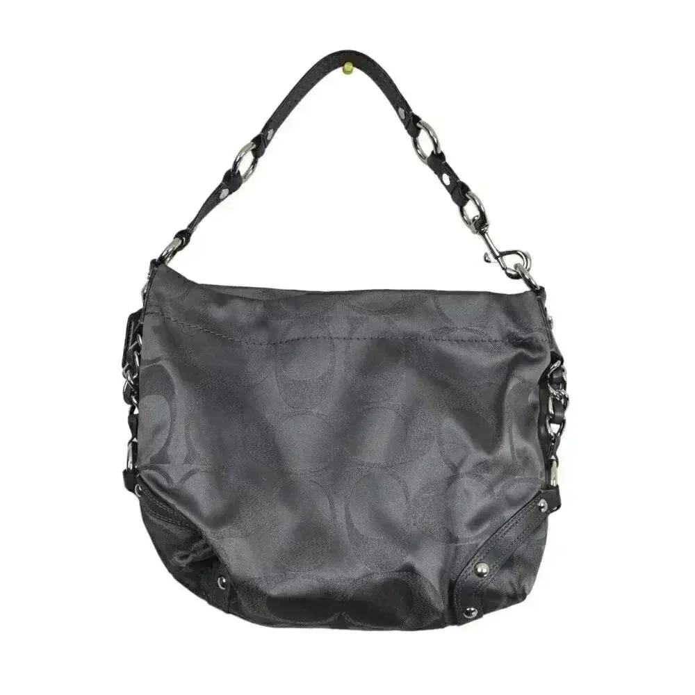 Coach Carly Lurex Canvas Signature Hobo Small Shoulder Handbag Silver Gray